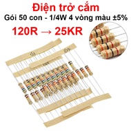 (100C) Plug-in resistor 1/4W 4 color rings ±5% - value 120R to 25KR