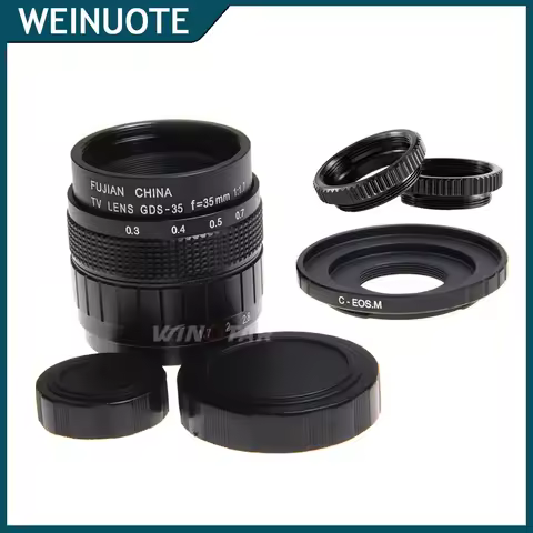 FUJIAN 35mm F1.7 CCTV TV Movie Lens + C Mount + Macro Ring for Canon EOS M6 Mark II M2 M3 M5 M10 M50
