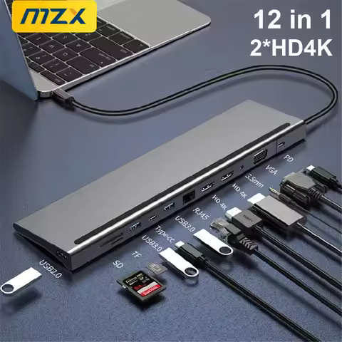 MZX 12-in-1 USB Type C Docking Station A Hub Multi-hub Extensor with HDMI-compatible RJ45 Adapter Do