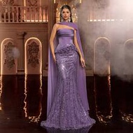 Elegant (Includes A Halter Neck With Flowing Sequins) Purple Glossy Satin Strapless Bodice With Hand