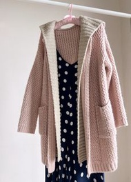 🎀正韓假兩件式翻領厚針織外套 草莓牛奶粉色 可愛針織外套 麻花編織外套