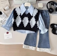 Setelan Anak Perempuan Stylish Usia 1-5 Tahun 3in1 Kemeja Rompi Rajut Celana Jeans Cutbray Outfit An