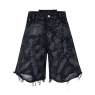 ZZ8I 25SS Washed Pleated Dirty Dyed Cat Whisker Deconstruction Loose Casual Denim Shorts