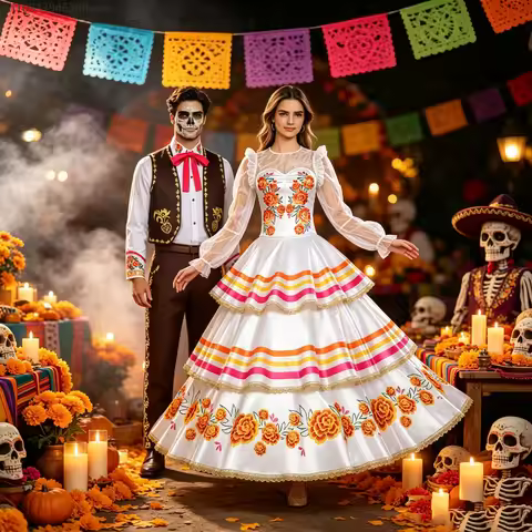 Mexican Day Of The Dead Couple Costume Men Vintage Outfit Women Floral Long Cake Dress Carnival Hall