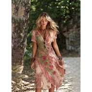 [Ready Stock Fast Shipping] New Style Women's Loose White Dress Creative Pattern Deep V Short-Sleeve