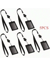 5PCS Badge Holders Leather CardID Card Holder Retractable Lanyard Neck Strap with 1 ID Window and 2