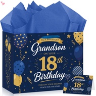 Grandson 18th Birthday Gift Bag Set Navy Blue Gold Balloon Large Paper Tote Bag with Tissue Paper Ma