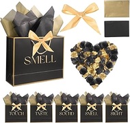 5 Senses Gift Bags for Him Her Five Senses Gift Bags with Ribbon Handles Tissue Paper Petals Black G