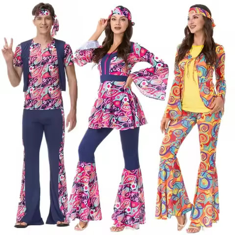 Hippie 60s 70s Disco Costume Women Men Retro Cosplay Floral Print Top Pants Patchwork Suit Headband 