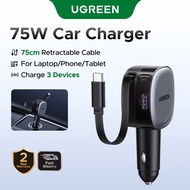 UGREEN 75W Car Charger Retractable Flexible 3 Ports USB A PD 30W Fast Charging with USB C Cable 75cm