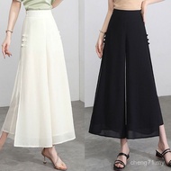 【00118sz3k7h61.my】 High waisted chiffon wide leg pants   高腰雪纺阔腿裤  女夏七分新款  开叉休闲裤  九分显瘦宽松直筒裤子  Women's