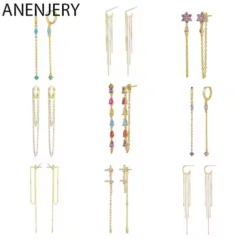 ANENJERY Colorful Zircon Long Tassel Drop Earrings or Women Dangle Earings Wedding Party Jewelry Who