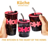KUCHE Fashion Simple Design Hoho Glass Cup Ins Style Door Gift Letter Cup Glass With Straw Water Cup