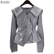 ZANZEA Women's Korean Fashion High-Collar Striped Lace Trim Shirt
