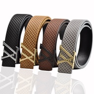 LV three-tone metal smooth buckle embossed leather belt luxury embroidery thread business unisex belt for young men and women