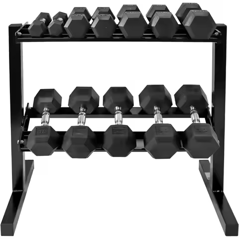 Rubber Coated Hex Dumbbell Set with Two Tier Premium Storage Rack Built for Strength Building, Weigh