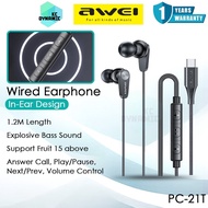 Awei PC-21T Wired Earphone Explosive Bass Sound Headphone 1.2M Length In-Ear Awei PC-21 Type-C Earph