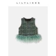 เสื้อกั๊กขนนก Ostrich Green Feather Misty ของ LILYlikes คอตั้ง แขนยาว ทรงหลวม ปกขนนก Ostrich สีเขียว
