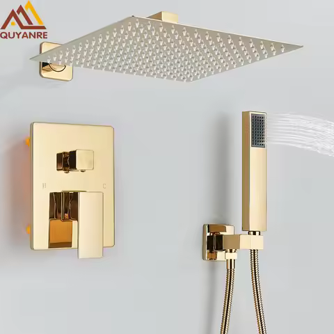 Gold Concealed Shower Rain Mixer Shower Combo Set Wall Mounted Rainfall Shower Head and Handheld Sys