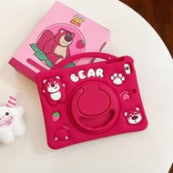 【Zircon】Pink Strawberry Bear Rotatable Silicone Case For Mini 1 2 3 4 5 6 7 IPad 5 6 7 8 9 10 11 Air
