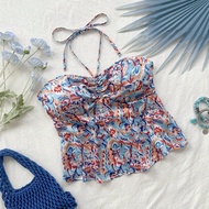 WYWH เสื้อชั้นในสตรีผ้าซาตินพิมพ์ลายนามธรรมพร้อมคอจับจีบ