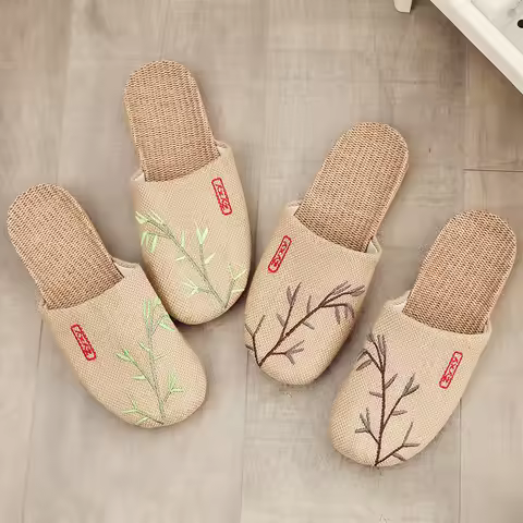 Women Slippers Beach Flip Flops Breathable Linen Flat Slippers Female Casual Summer Shose Flax Bow L