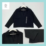 Desig_ Sweater Crop Lengan Panjang Polos Kerah V Warna Hitam