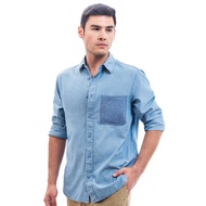 camel active Men Long Sleeve Shirt in Regular Fit with Contrast Panel in Blue Cotton Denim Solid 103-SS24H1822
