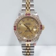 ROLEX 勞力士 69173 Datejust 蠔式女錶 經典款 金色十鑽面盤 後加紅寶石鑽圈 大眾當舖B316