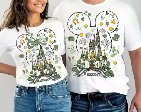 Disney Watercolor Castle St. Patrick's Day T-shirt, Lucky Couple T-shirt, Mickey Four-leaf Clover, M