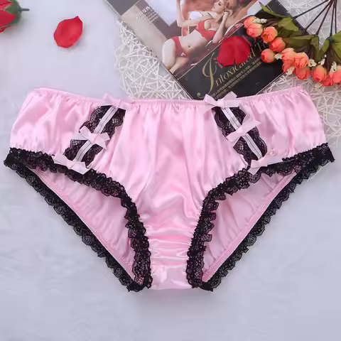 Mens Ruffled Frilly Sissy Panties Bikini Briefs Lingerie Shiny Satin Lace Trim Sissy Underwear Gay M