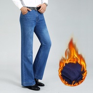 Men's Winter fleece Mid-Rise Bootcut Denim Pants Men's Mid Waist Stretch Flared Jeans