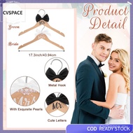 2 Pcs CVSPACE Wooden Wedding Hanger with Bow Tie & Sticker - Bride and Groom Suit Dress Decoration