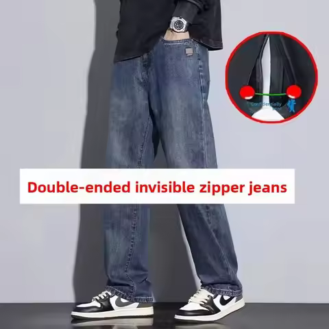 Men'S Outdoor Free-To-Take Double Head Invisible Zipper Open Crotch Jeans Straight Loose Casual Deni