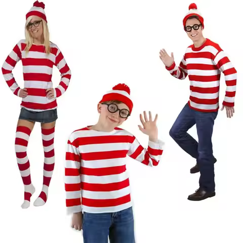 Wheres Waldo Striped Shirt Youth Kids Boys Wally Costume Shirt Glasses and Hat Socks Unisex Adults H