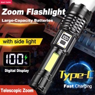 Flashlight Torch light led rechargeable waterproof powerful zoom Lampu suluh emergency light super bright heavy duty Tactical flashlight with 18650 battery type c original 手电筒