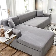 Stretch Sofa Slipcover,2 Piece L Shape Sofa Covers Sectional Couch Cover Chaise Lounge Furniture Soft Polyester Spandex Washable Non Slip Furniture Protector for Living Room-Light gray-