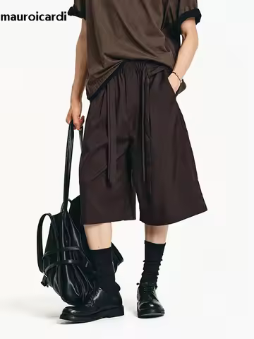Mauroicardi Spring Summer Loose Brown Casual Double-belt Shorts for Men Elastic Waist Knee Length Pa