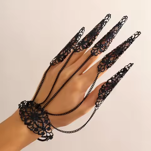 Creative Exaggerated Dubai Indian Finger Wrist Chain Bracelets for Women Punk Nail Rings With Bracel