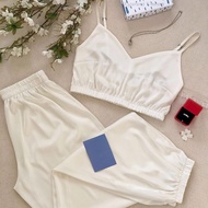 [A New sale] Satin Bra Sexy Pajamas Set Women Solid Strap Top Pants Sleepwear Sleep Suit Bride Wedding Pyjamas Home Wear Nightwear XS XXL