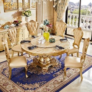 YQ Fusfaser European-Style Marble Dining-Table Small Apartment with Turntable Solid Wood Round Table