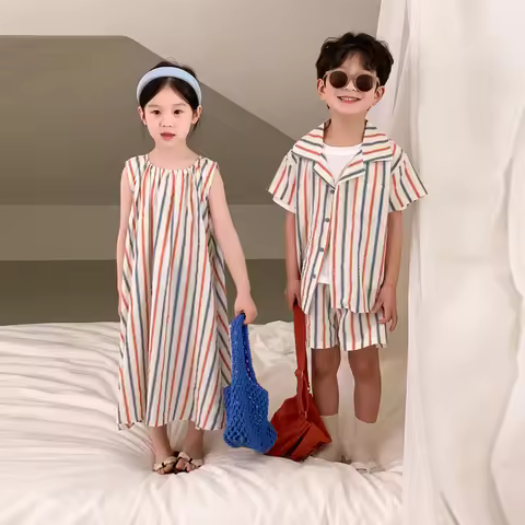 Brother Sister 2023 Summer Striped Boy Clothes Set Girl Striped Dress Korean Style family matching o