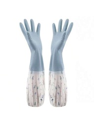 1對/2入組m號防水耐用橡膠乳膠手套（内里加厚保暖絨布）,簡約粉色和淺藍色,長袖口彈性邊,適用於廚房、家務和清潔使用
