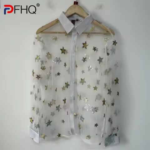 PFHQ Niche Fashion Male Shirts Embroidered Design Sequin Decoration Sheer Mesh Loose-fitting Versati