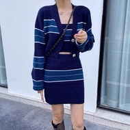 條紋針織開胸外套 bra tube top秋季三件套裝 set