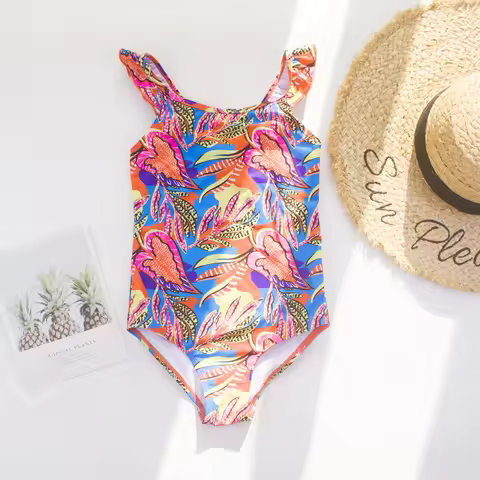 Leaf Print Summer Beach Children Girls Kids One Piece Swimwear Beachwear Bathing Suit 4-8Years Ruffl