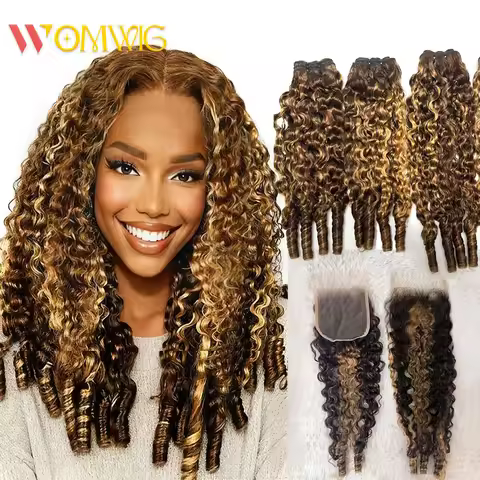 P4/27 Highlight Burmese Curly Bundles With Closure 16A 100% Human Hair Pixie Curl Raw Virgin Hair Bu