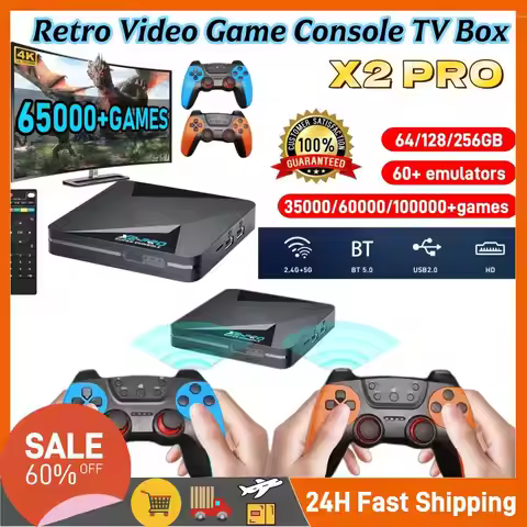 X2 PRO Retro Game Console 64/128/256GB 4K TV Box Built-in 65000+ Games with 2 Gamepads Wireless Cont
