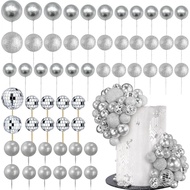 50Pcs Metal Silver Disco Balls Cake Toppers for 80s 90s Birthday Wedding Cupcake Decorations