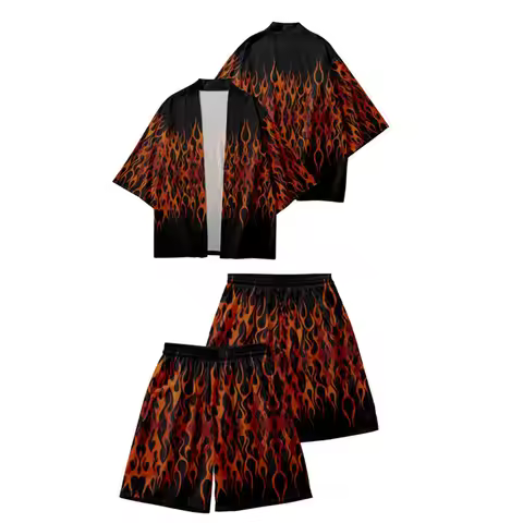 Two-piece Suit Fashion Red Flame Print Japanese Style Fashion Kimono And Shorts Set Men Cardigan Blo